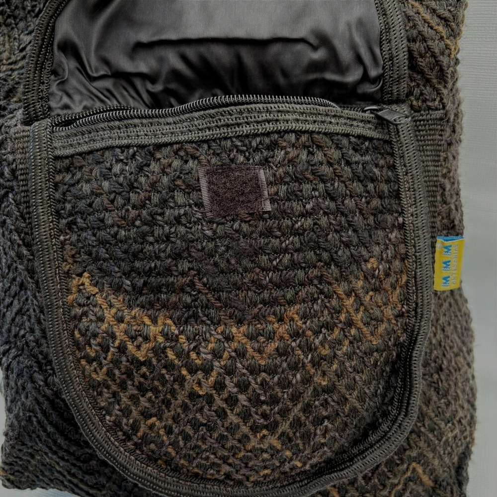 MMM Artesanias Woven Backpack Black Brown Boho Crochet Drawstring Rucksack Bag - Picture 5 of 9